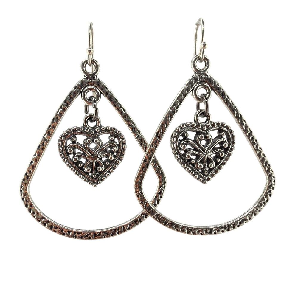 NEW Artisan Handcrafted Silver Filigree Heart Dangle Earrings